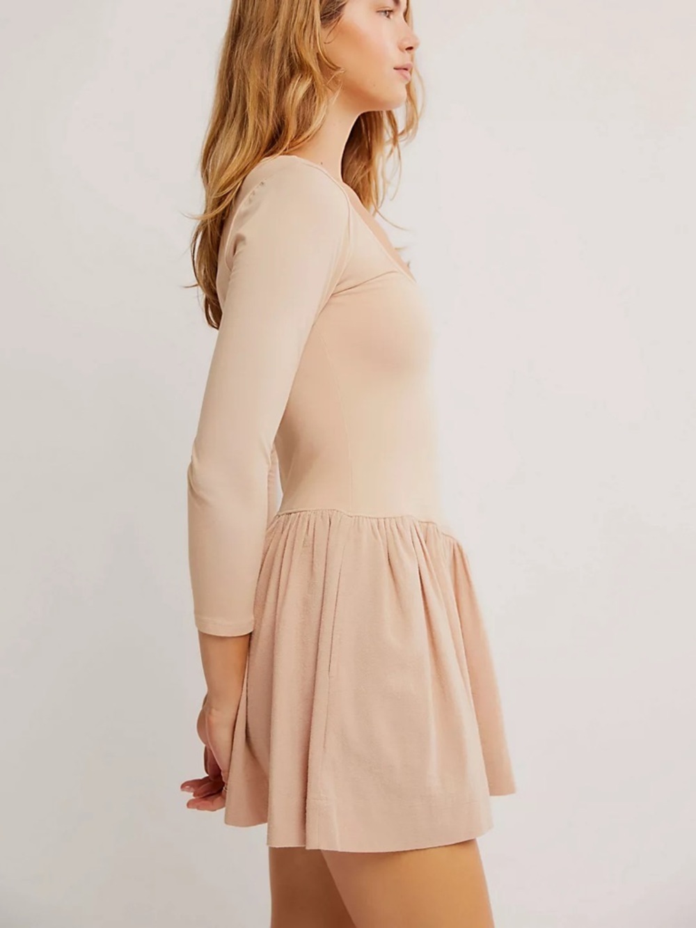 NWT FREE PEOPLE Free-est Onda Drop-Waist Long Sleeve Mini Dress Neutral Size L - Picture 3 of 16